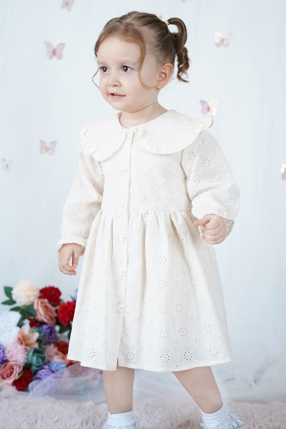 Lavielle Bebe Yaka Düğmeli Güpürlü Elbise - Krem