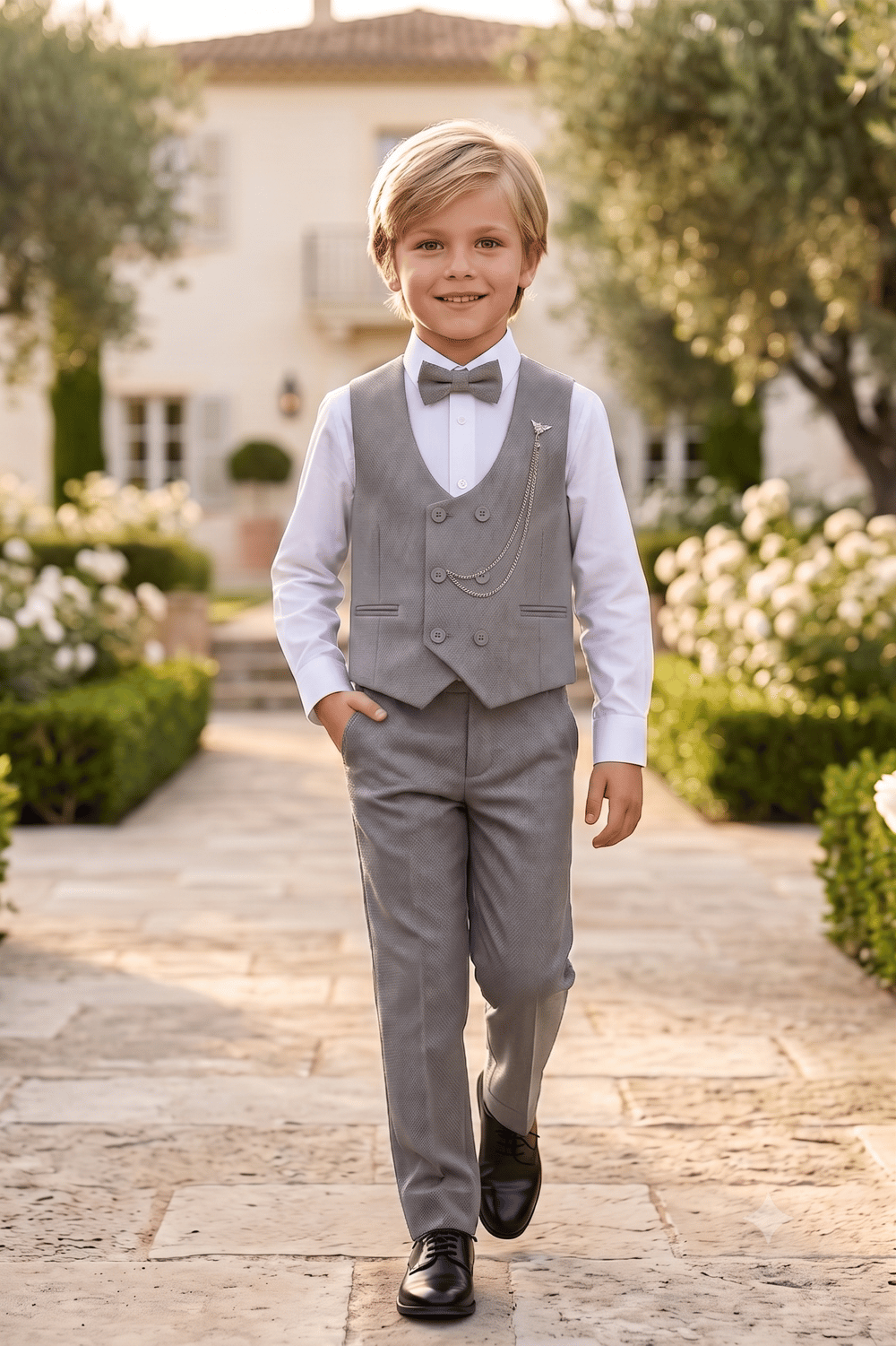 Special Suit Erkek Çocuk Yelekli 4 Parça Zincir Detay Takım Elbise 1-12 Yaş - Gri