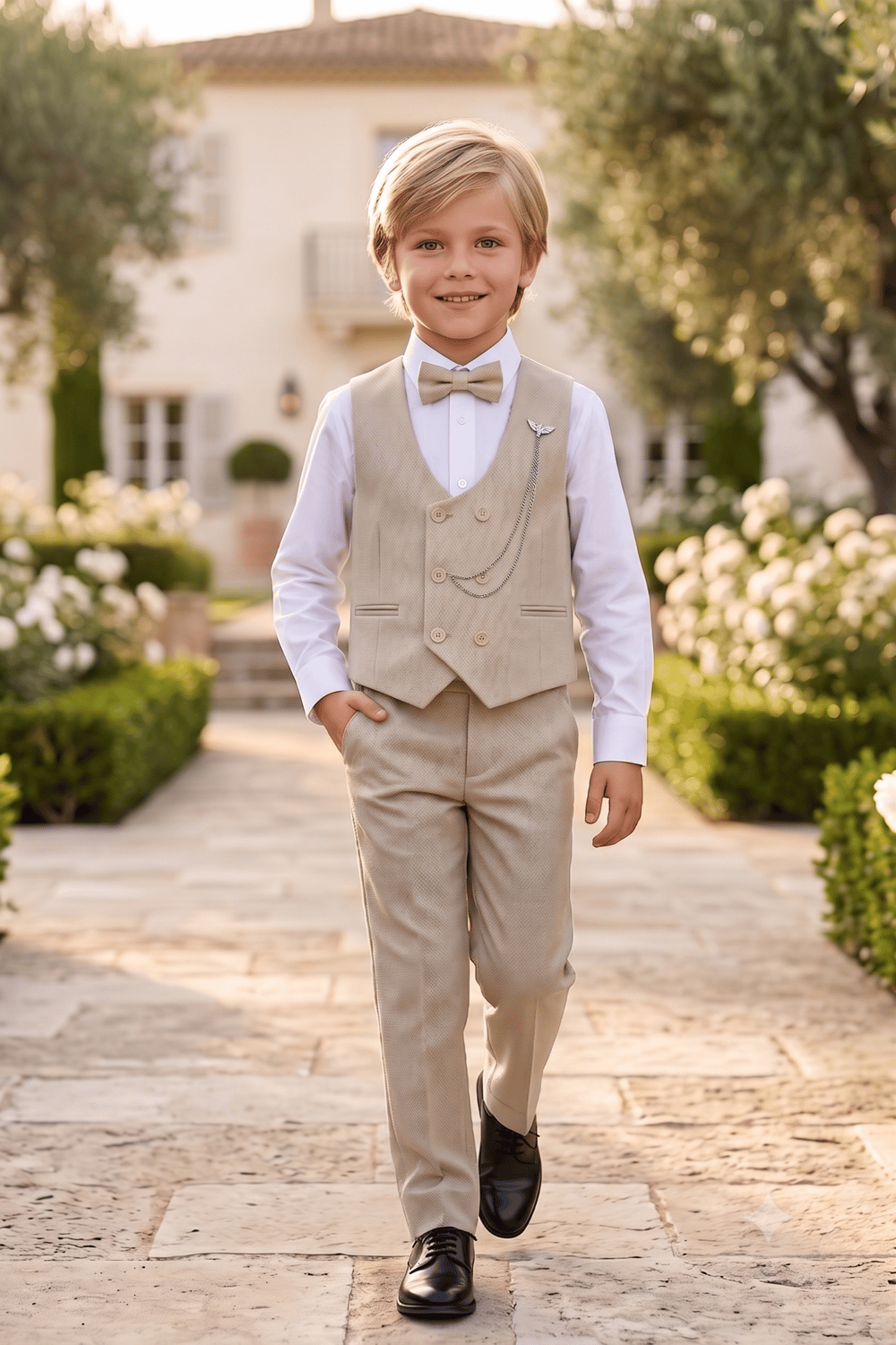 Special Suit Erkek Çocuk Yelekli 4 Parça Zincir Detay Takım Elbise 1-12 Yaş - Bej