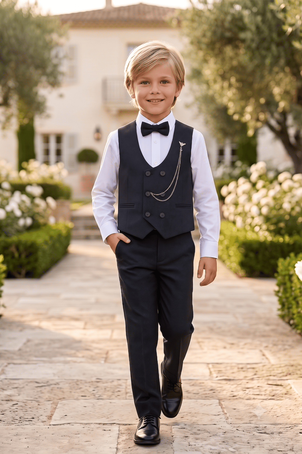 Special Suit Erkek Çocuk Yelekli 4 Parça Zincir Detay Takım Elbise 1-12 Yaş - Siyah