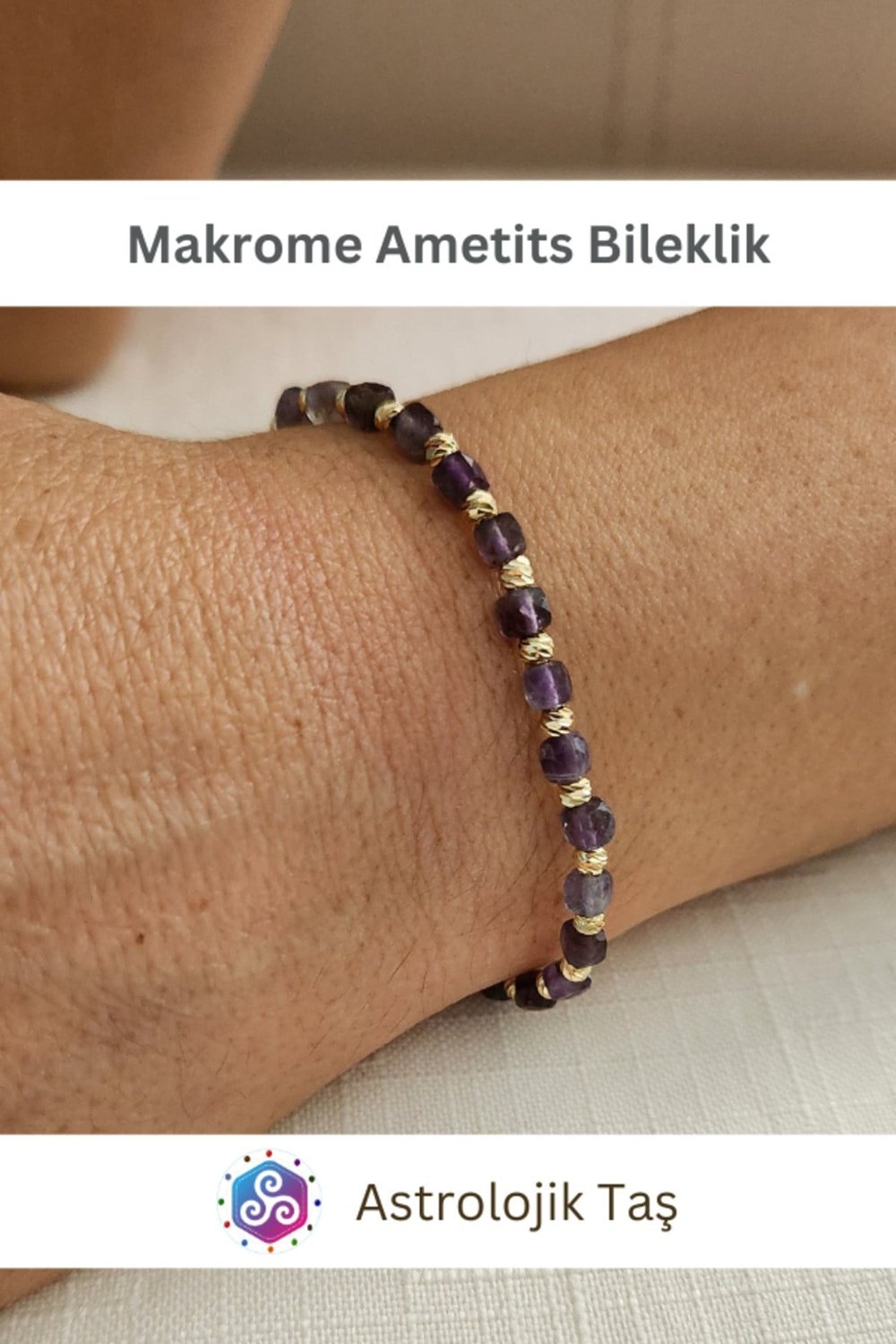 Ametist Doğal Taş Faset Küp Kesim 4mm Makrome Bileklik - Ametist Taşı