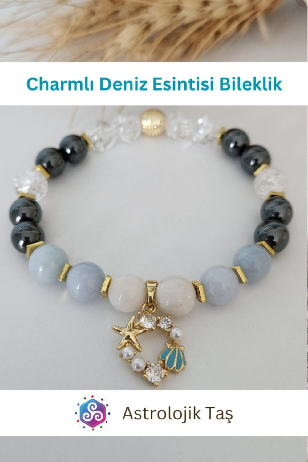 Charmlı Deniz Esintisi Doğal Taş Bileklik- Sertifikalı - Akuamarin, Necef Taşı & Ay Taşı