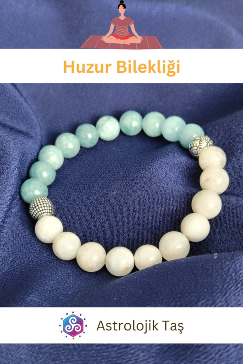 Doğal Taş Huzur Bilekliği, Sertifikalı Ay Taşı Ve Akuamarin Taşı
