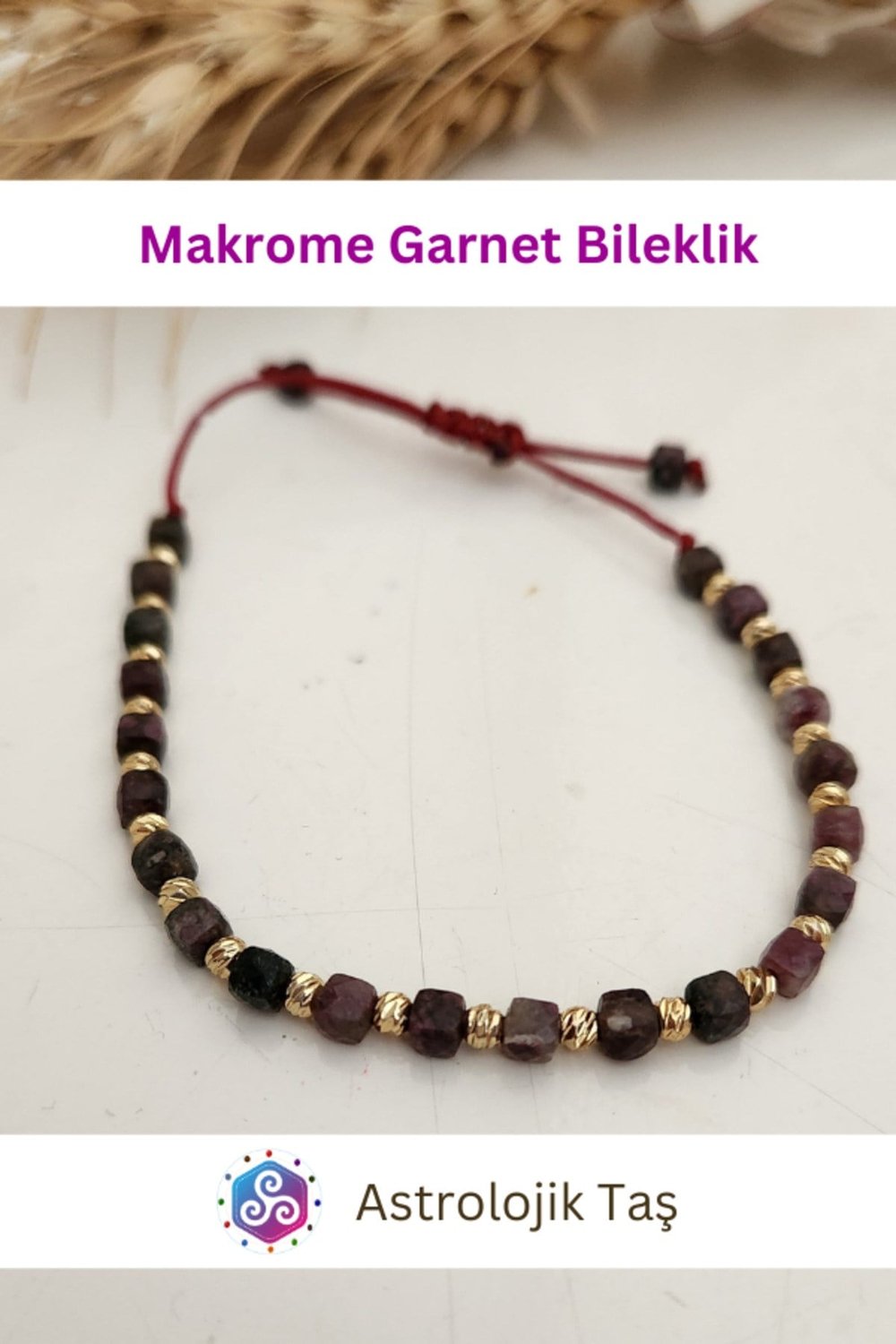 Garnet Doğal Taş Faset Küp Kesim 4mm Makrome Bileklik - Garnet Taşı