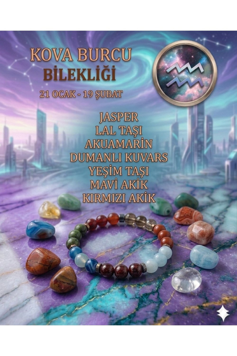 Kova Burcu Bilekliği - Jasper, Lal Taşı, Akuamarin, Dumanlı Kuvars, Yeşim Taşı, Mavi Ve Kırmızı Akik
