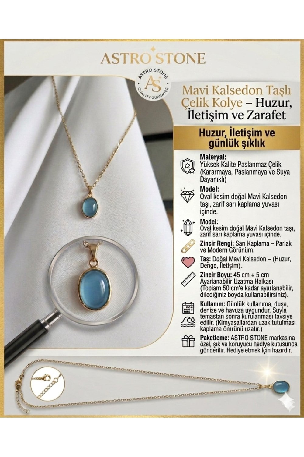Mavi Kalsedon Taşlı Çelik Kolye – Huzur, İletişim ve Zarafet