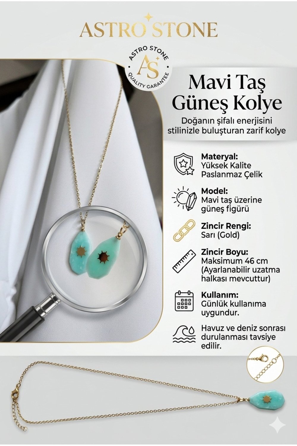 Mavi Taşlı Güneş Figürlü Çelik Kolye - Şifalı Enerji ve Günlük Şıklık (Paslanmaz Gold)