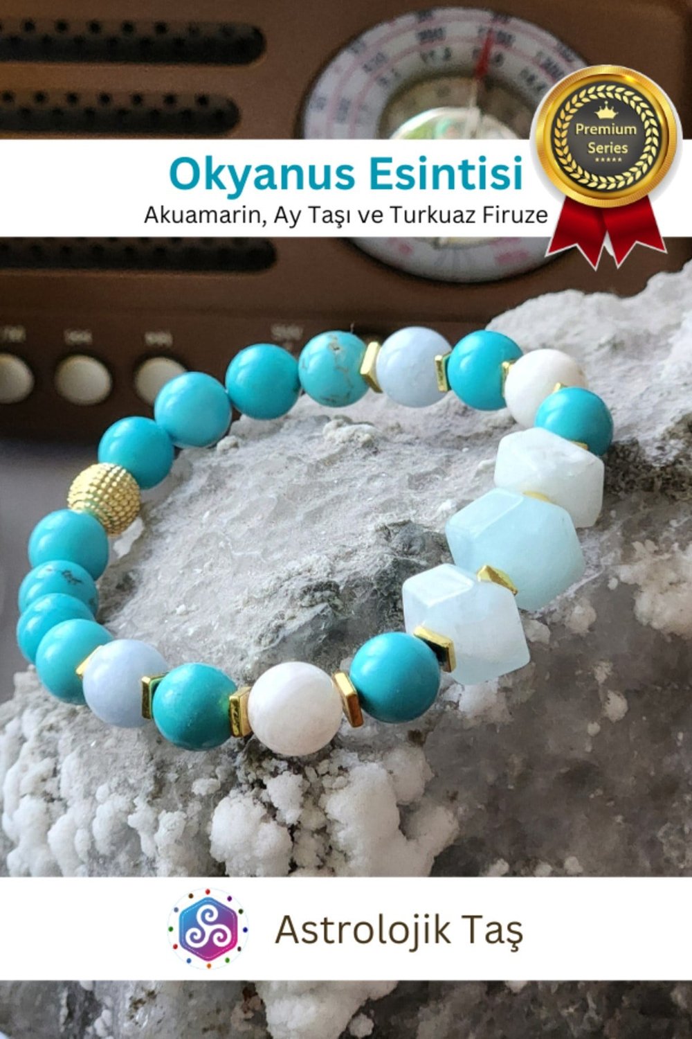 Okyanus Esintisi Doğal Taş Bileklik - Sertifikalı - Akuamarin & Ay Taşı