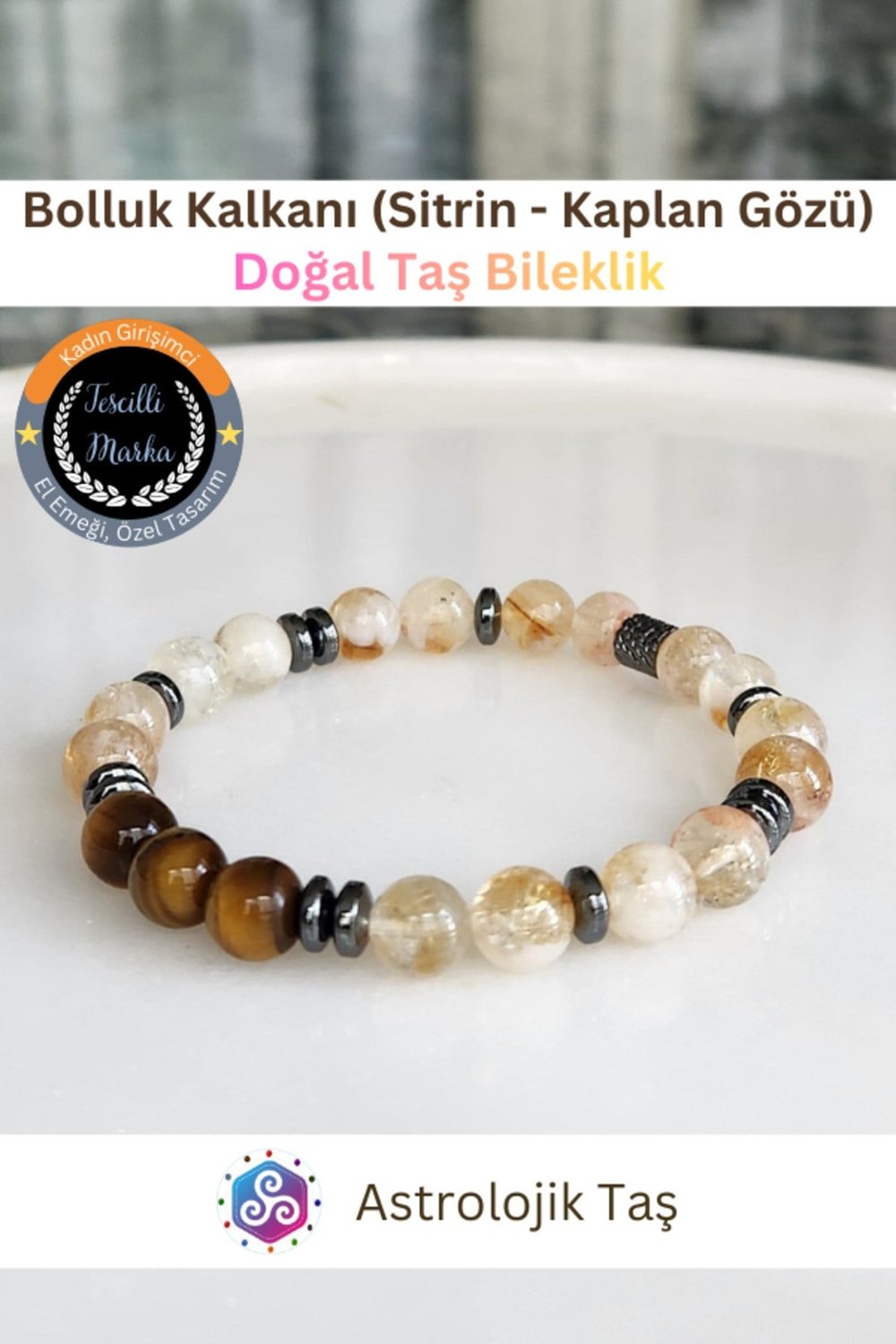 Sertifikalı Bolluk Kalkanı Sitrin – Kaplan Gözü Doğal Taş Bilekliği