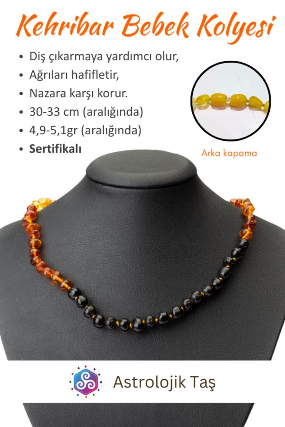 Sertifikalı Damla Kehribar Bebek Diş ve Nazar Kolyesi (Parlak Geçişli)