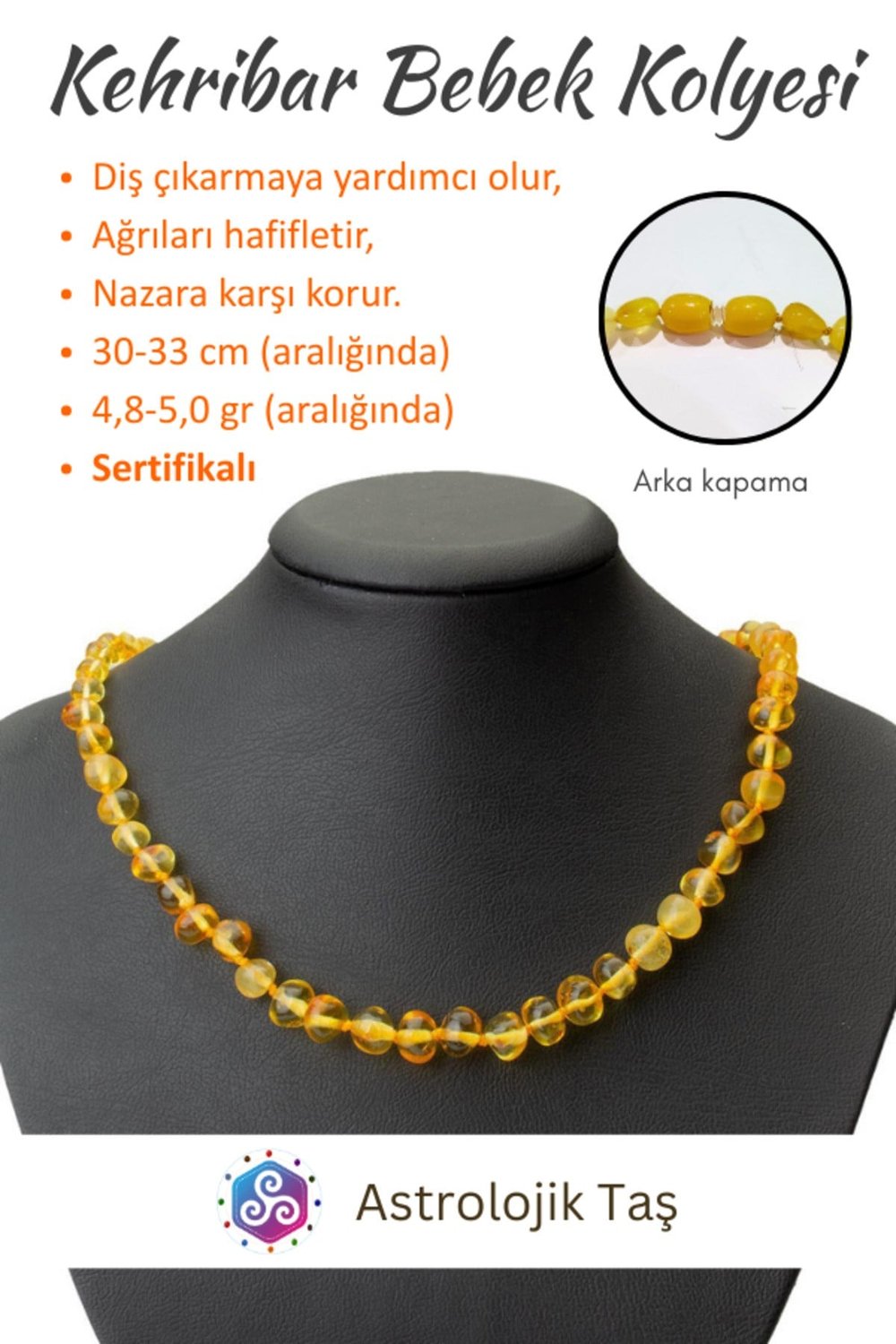 Sertifikalı Damla Kehribar Bebek Diş ve Nazar Kolyesi (Tımbıl Kesim)