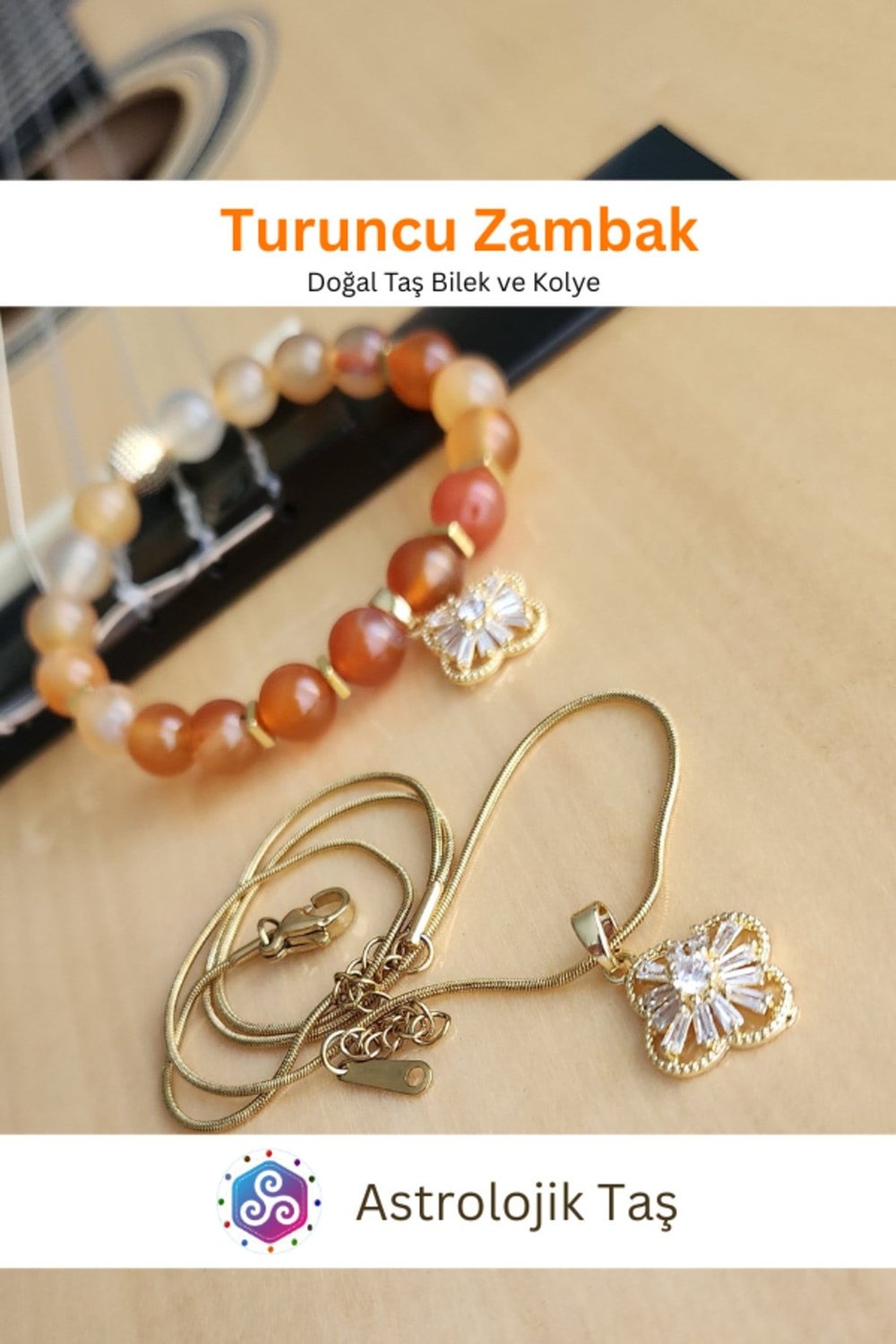 Turuncu Zambak Doğal Taş Bileklik ve Charm Zincir Kolye Takımı - Turuncu Akik