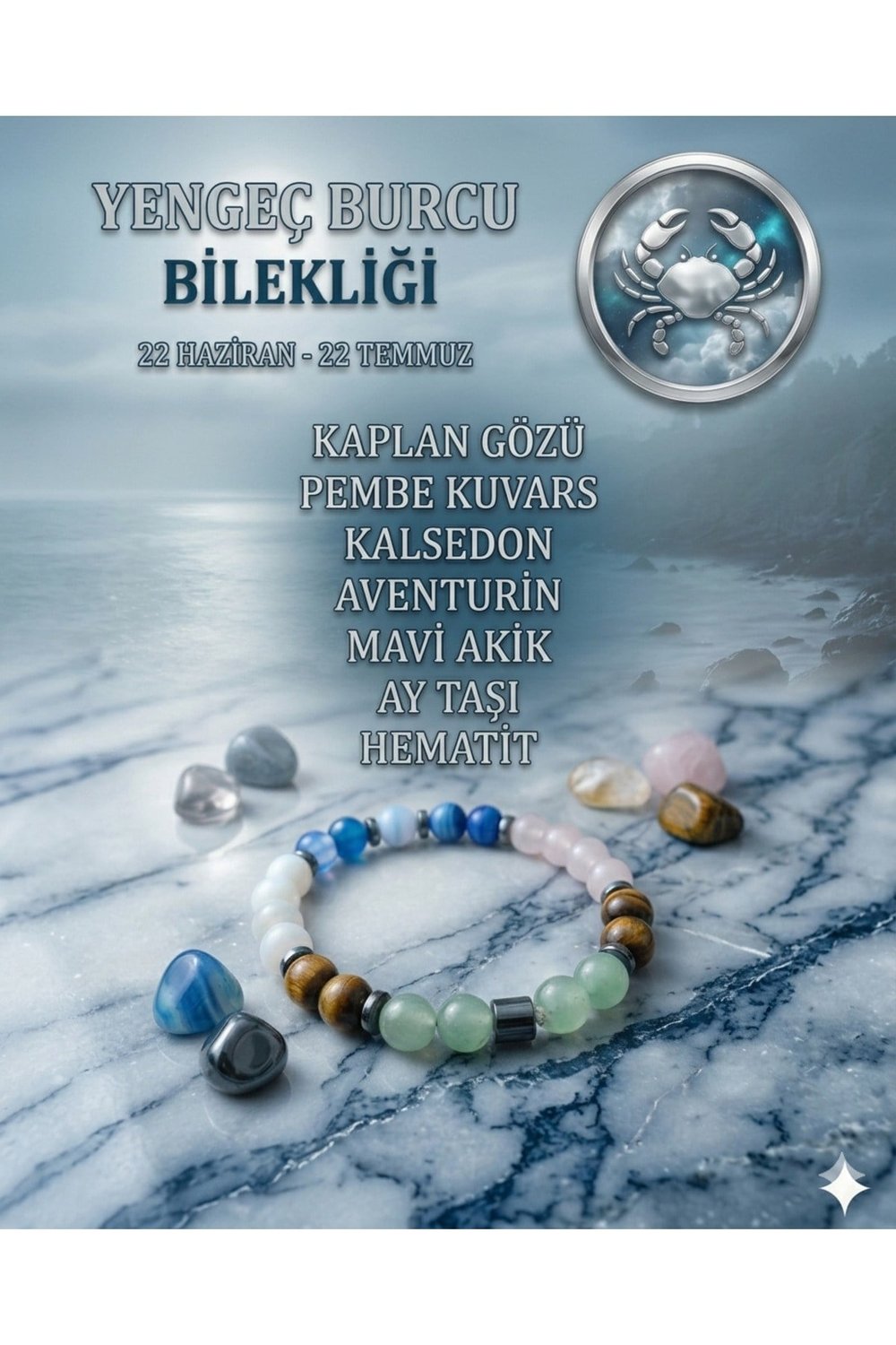 Yengeç Burcu Bilekliği - Sertifikalı - K.Gözü, Pembe Kuvars, Kalsedon, Aventurin, Mavi Akik, Ay Taşı