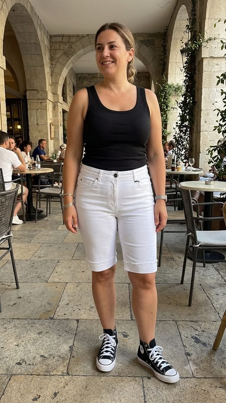 Likralı Kot Şort Duble Paça Beyaz