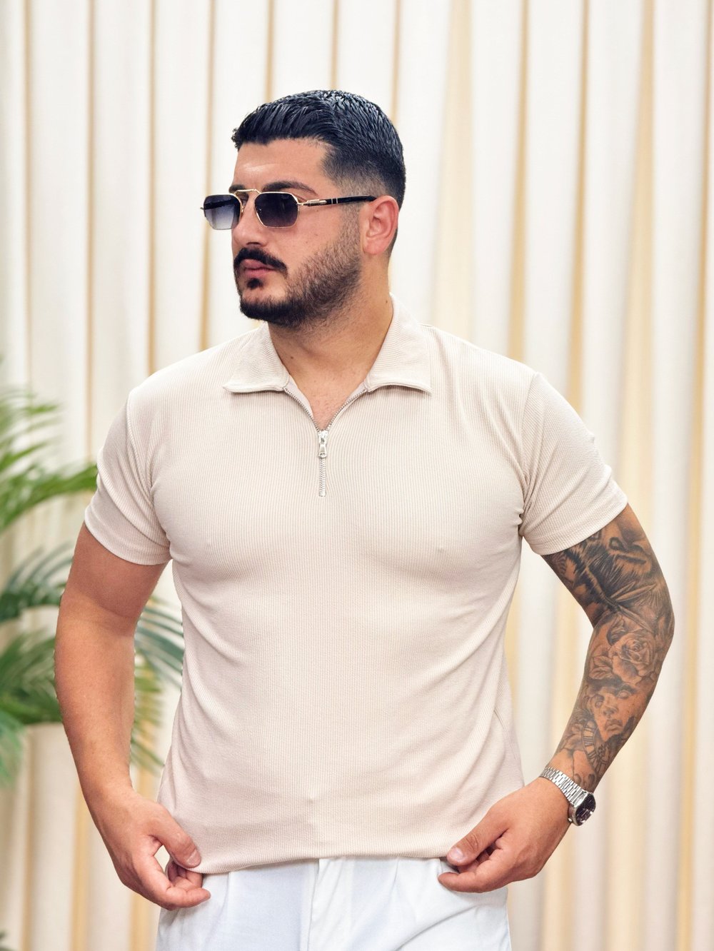 Fitilli Yarım Fermuarlı Tişört Krem