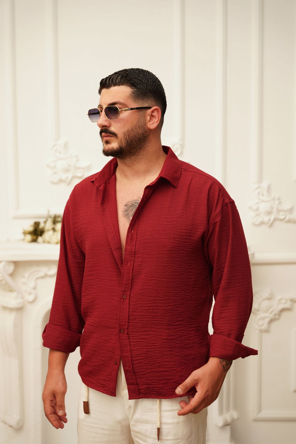 Oversize Keten Gömlek Bordo