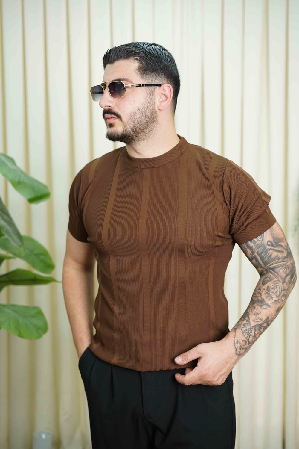 Triko Çizgi Desen Kahverengi