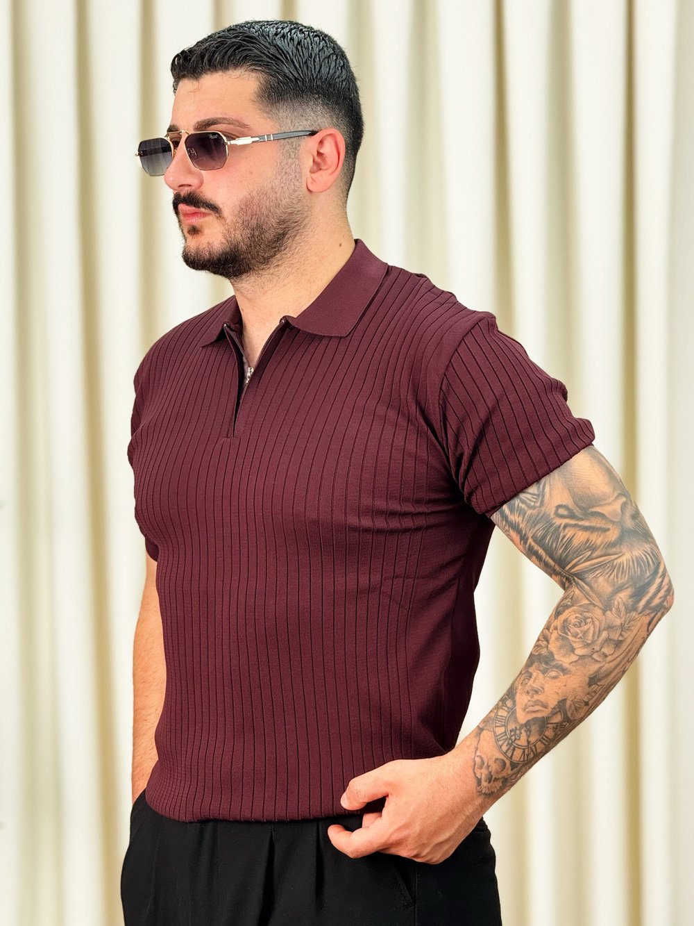 Triko Yarım Fermuarlı Bordo