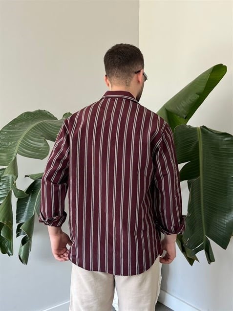 Apaş Yaka Çizgili Oversize Gömlek Bordo