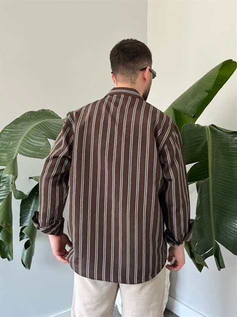 Apaş Yaka Çizgili Oversize Gömlek Kahverengi