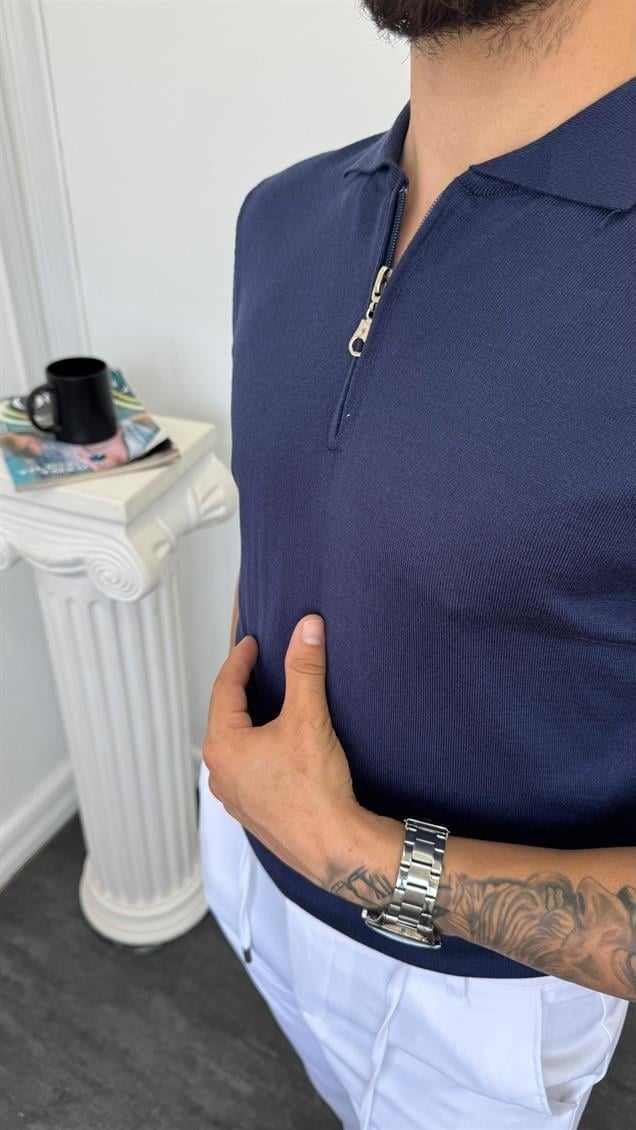 Fermuarlı Triko Tişört Lacivert
