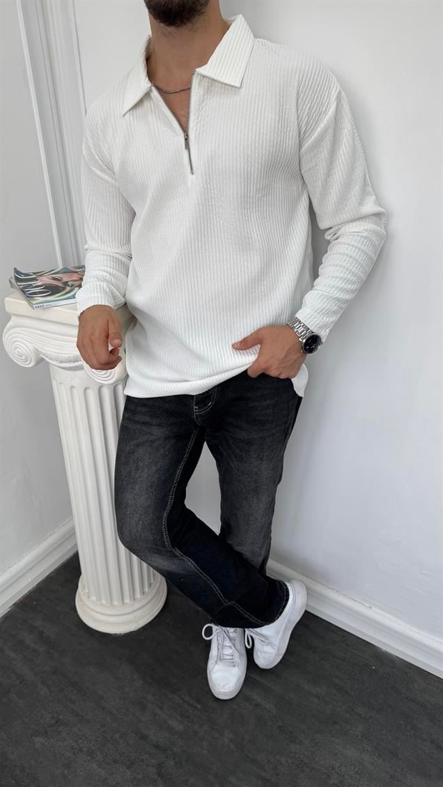 Fitilli Yarım Fermuarlı Sweatshirt Beyaz