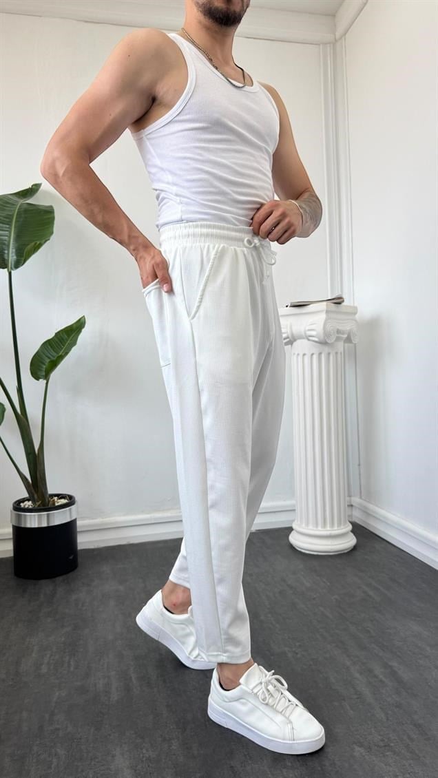 İnce Fitilli Boyfriend Jogger Beyaz