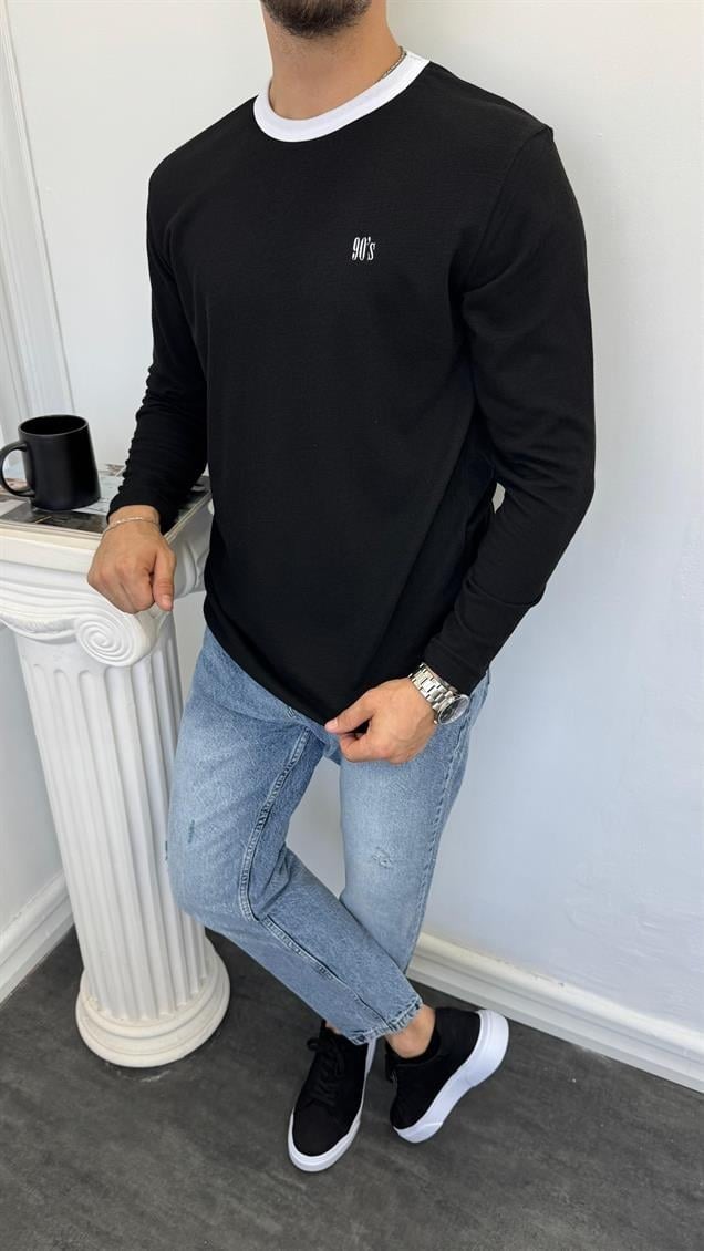 MR 90S Yazılı Bisiklet Yaka Sweatshirt Siyah