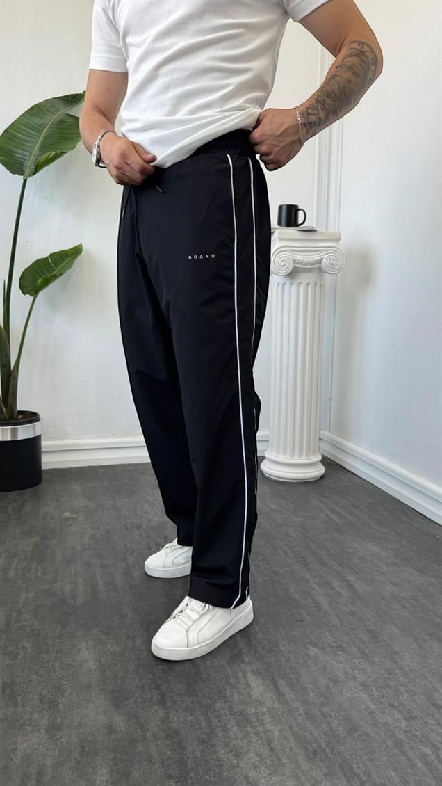 Paraşüt Kumaş Şerit Detaylı Baggy Eşofman Siyah