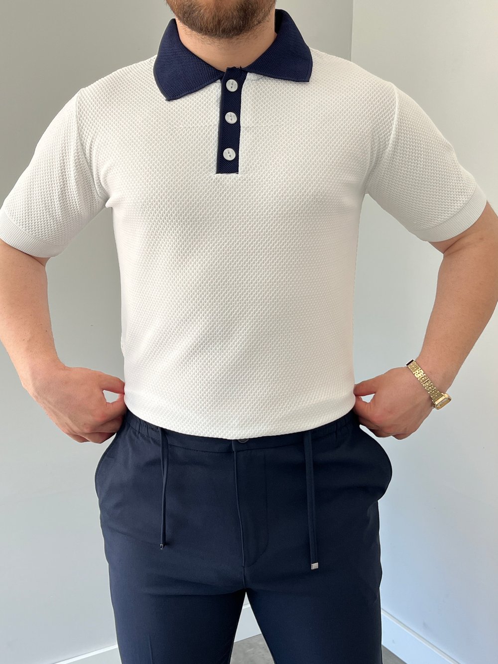 Premium Dokulu Düğme Detay Triko Tişört Beyaz