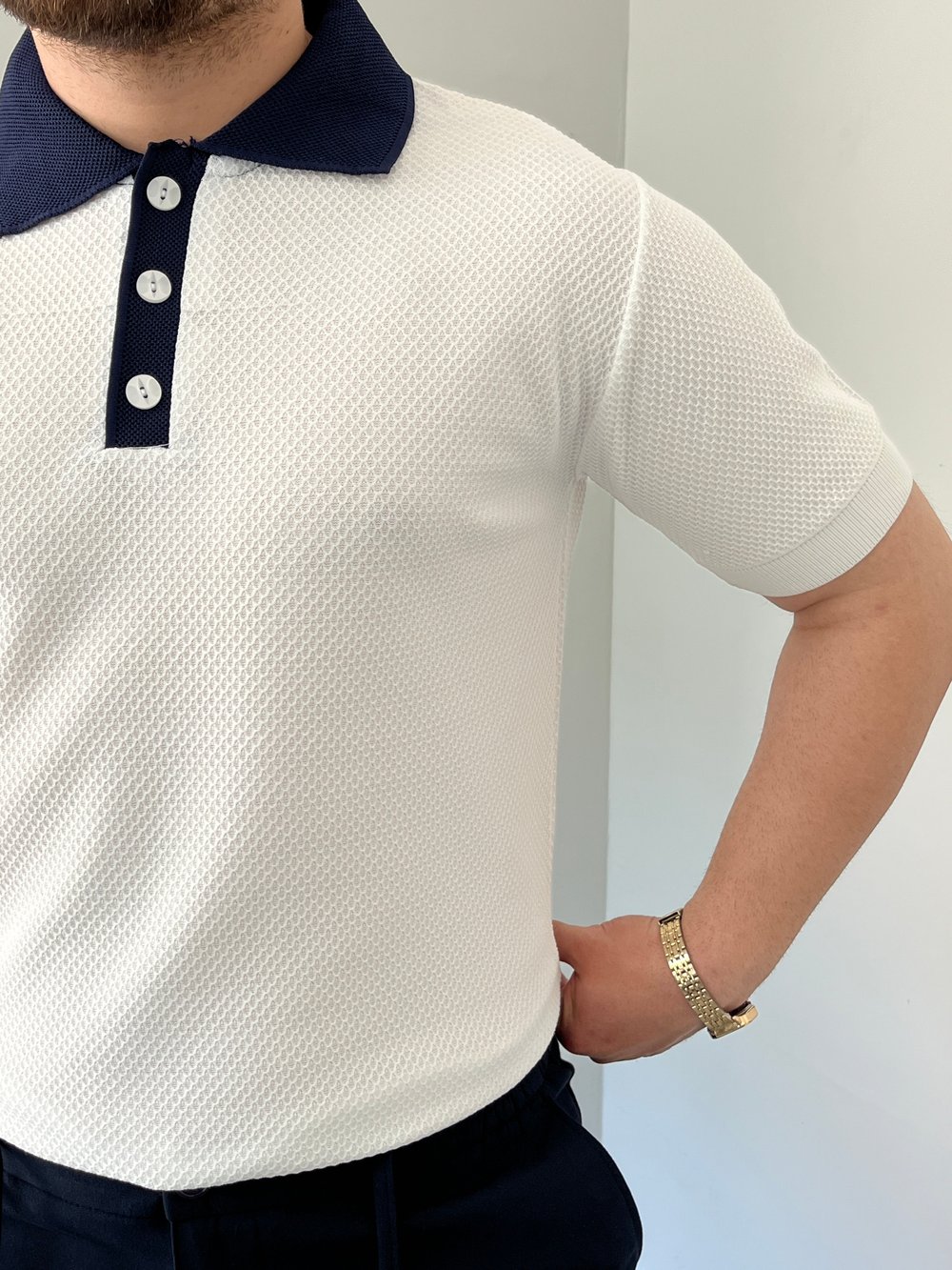 Premium Dokulu Düğme Detay Triko Tişört Beyaz