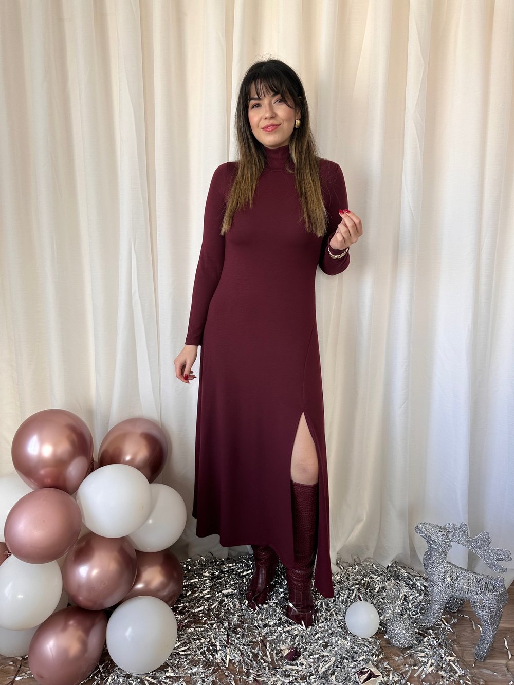 Bordo Çilek Yırtmaçlı Elbise