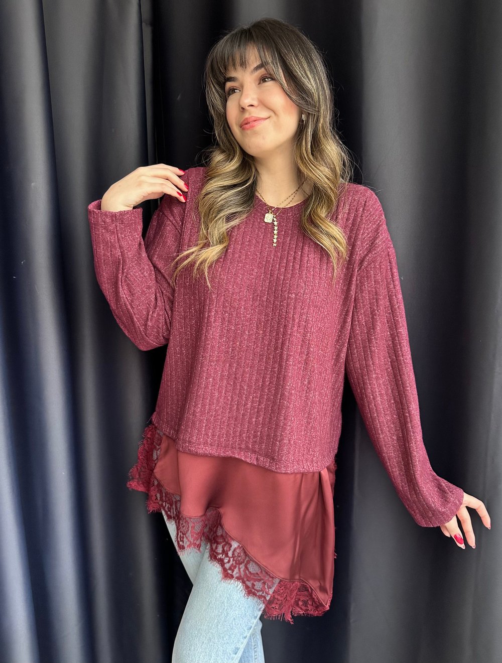 Bordo Dantel Detaylı Bluz