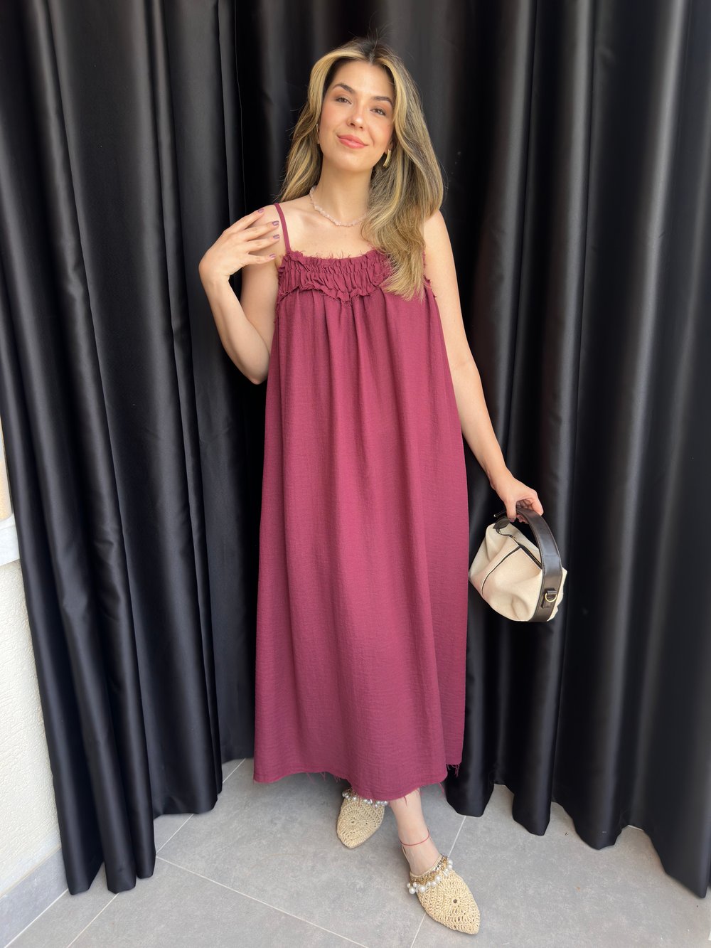 Bordo İp Askılı Drape Detaylı Elbise