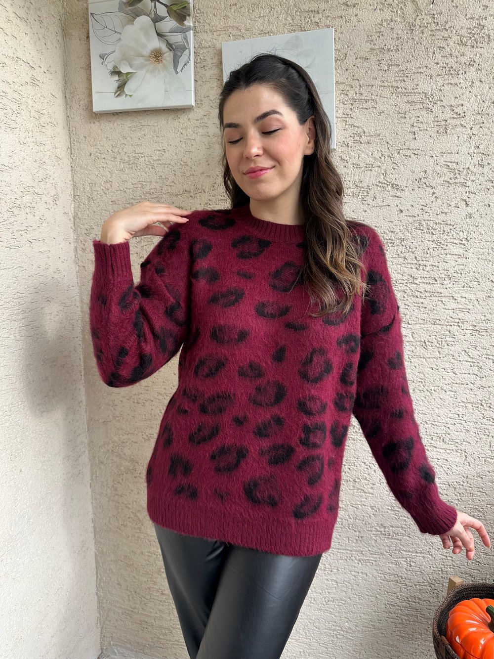 Bordo Leopar Desenli Yumoş Kazak
