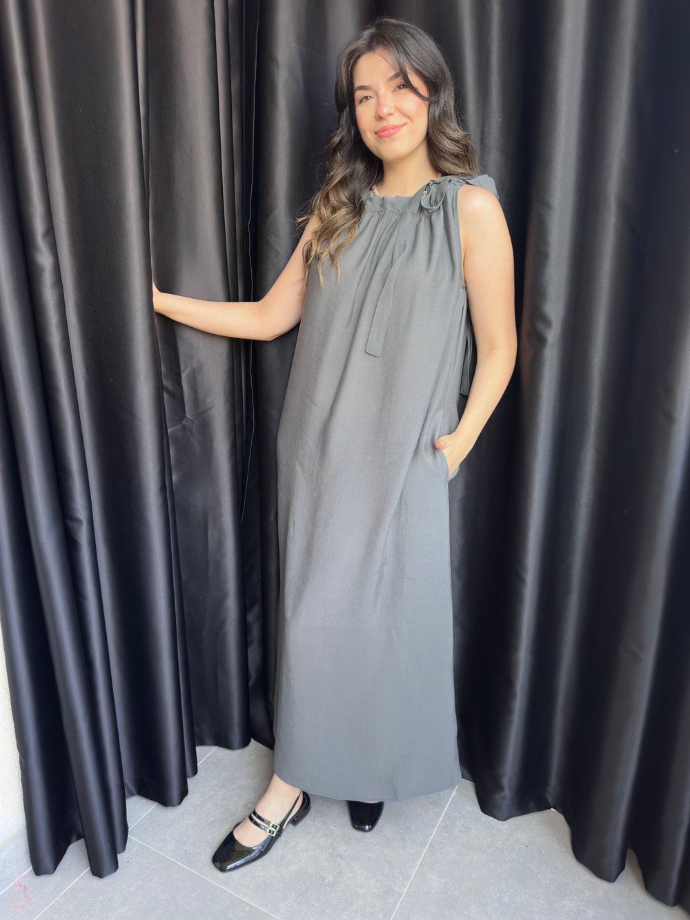 Füme Bağlama Detaylı Halter Yaka Elbise