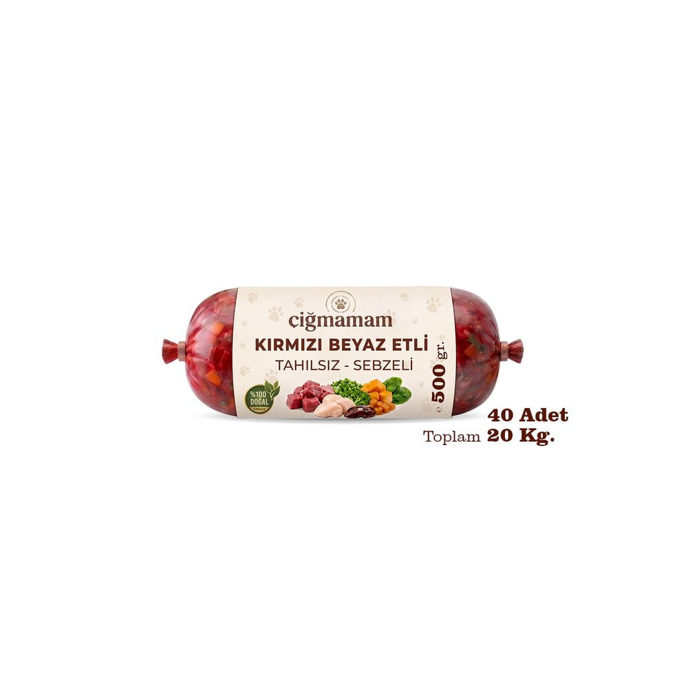 Kırmızı ve Beyaz Etli Tahılsız Barf Köpek Maması 20 Kg - 500 g x 40
