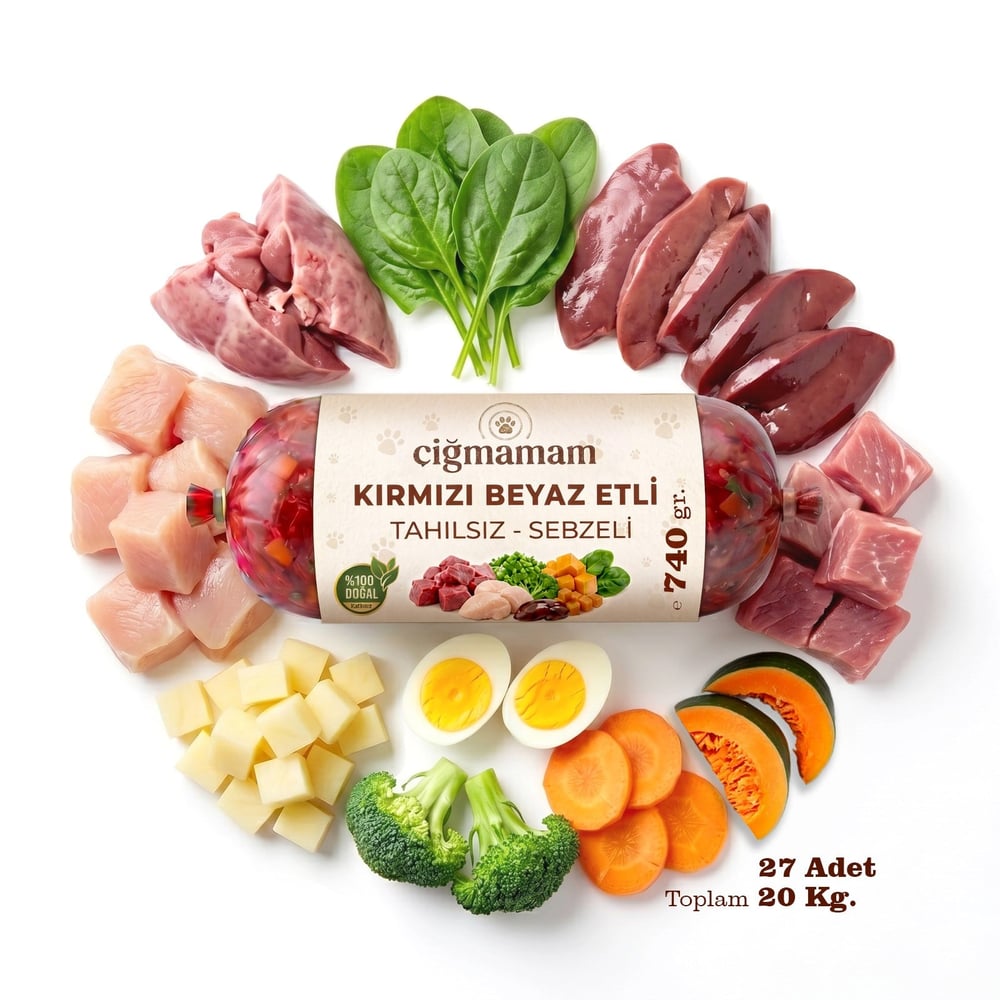 Kırmızı ve Beyaz Etli Tahılsız Barf Köpek Maması 20 Kg - 740 g x 27