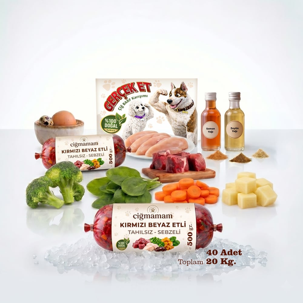 Kırmızı ve Beyaz Etli Tahılsız Barf Köpek Maması 20 Kg - 500 g x 40