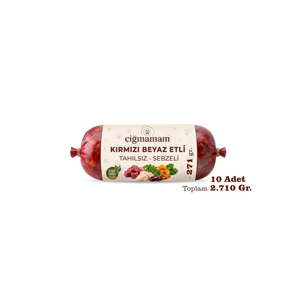 Kırmızı ve Beyaz Etli Tahılsız Sebzeli Barf Köpek Maması 2.71 Kg - 271 g x 10