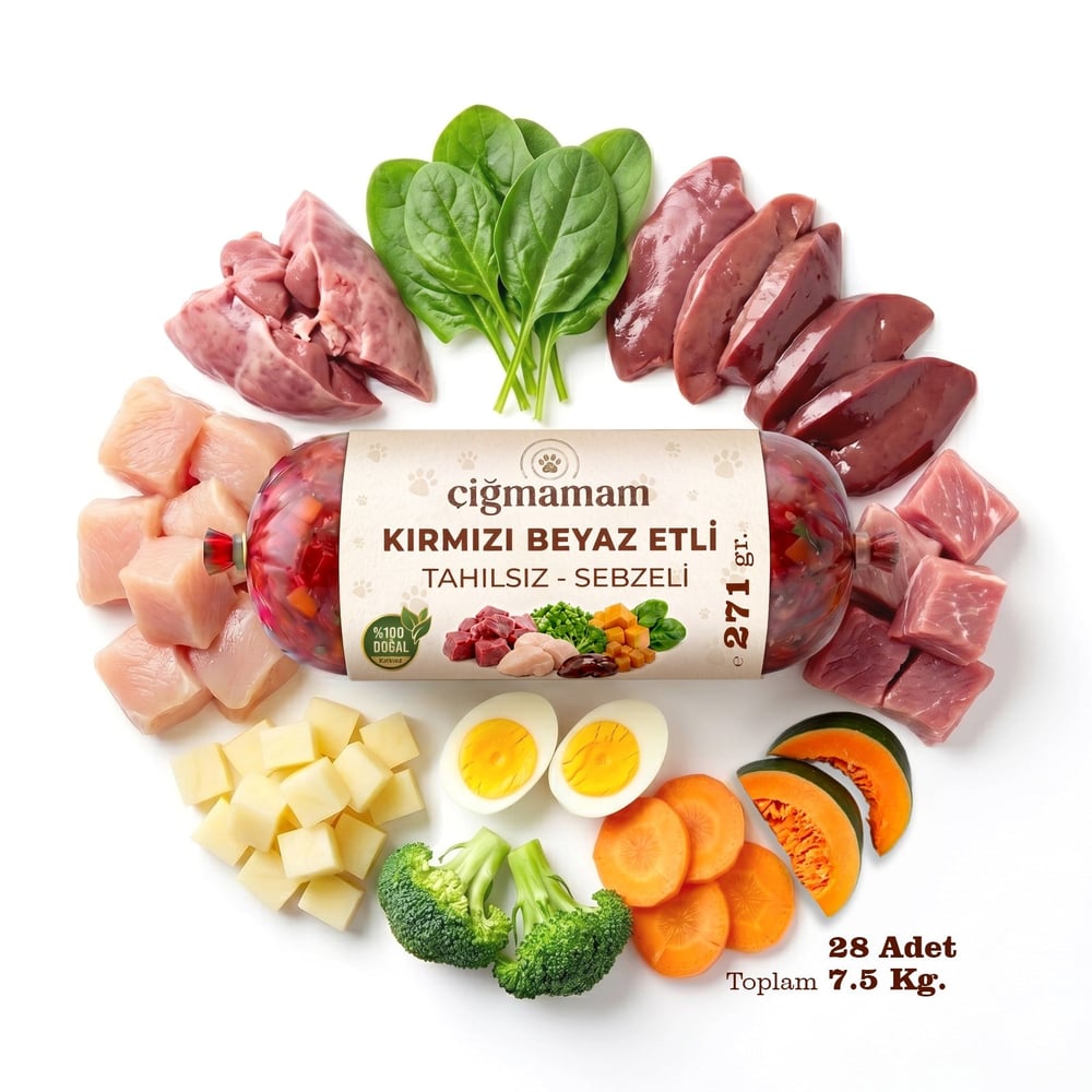 Kırmızı ve Beyaz Etli Tahılsız Sebzeli Barf Köpek Maması 7.5 Kg - 271 g x 28