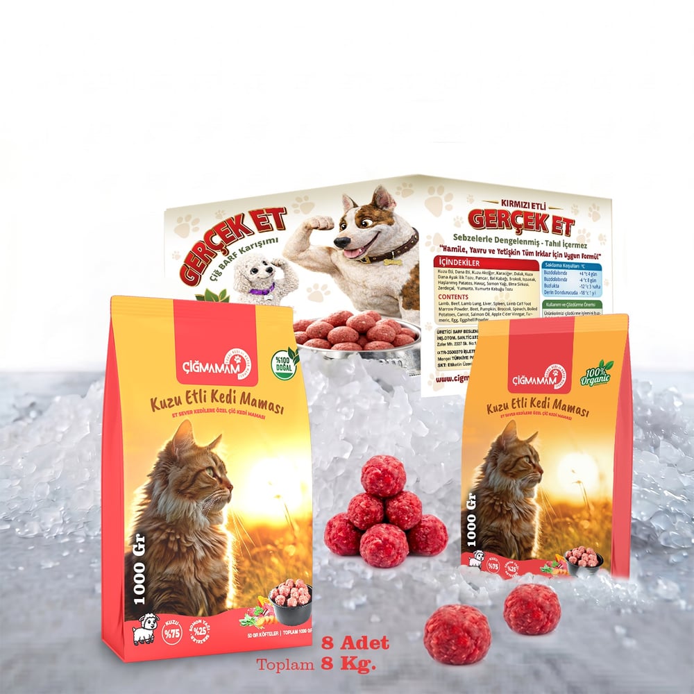 Kuzu Etli Tahılsız Barf Kedi Maması 8 Kg - 1000 g x 8