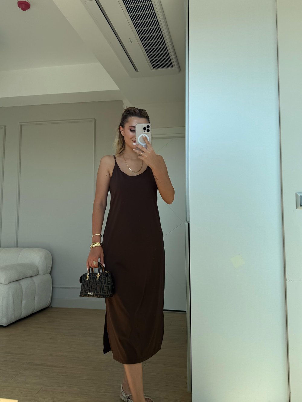 İnce askılı uzun Modal elbise kahverengi