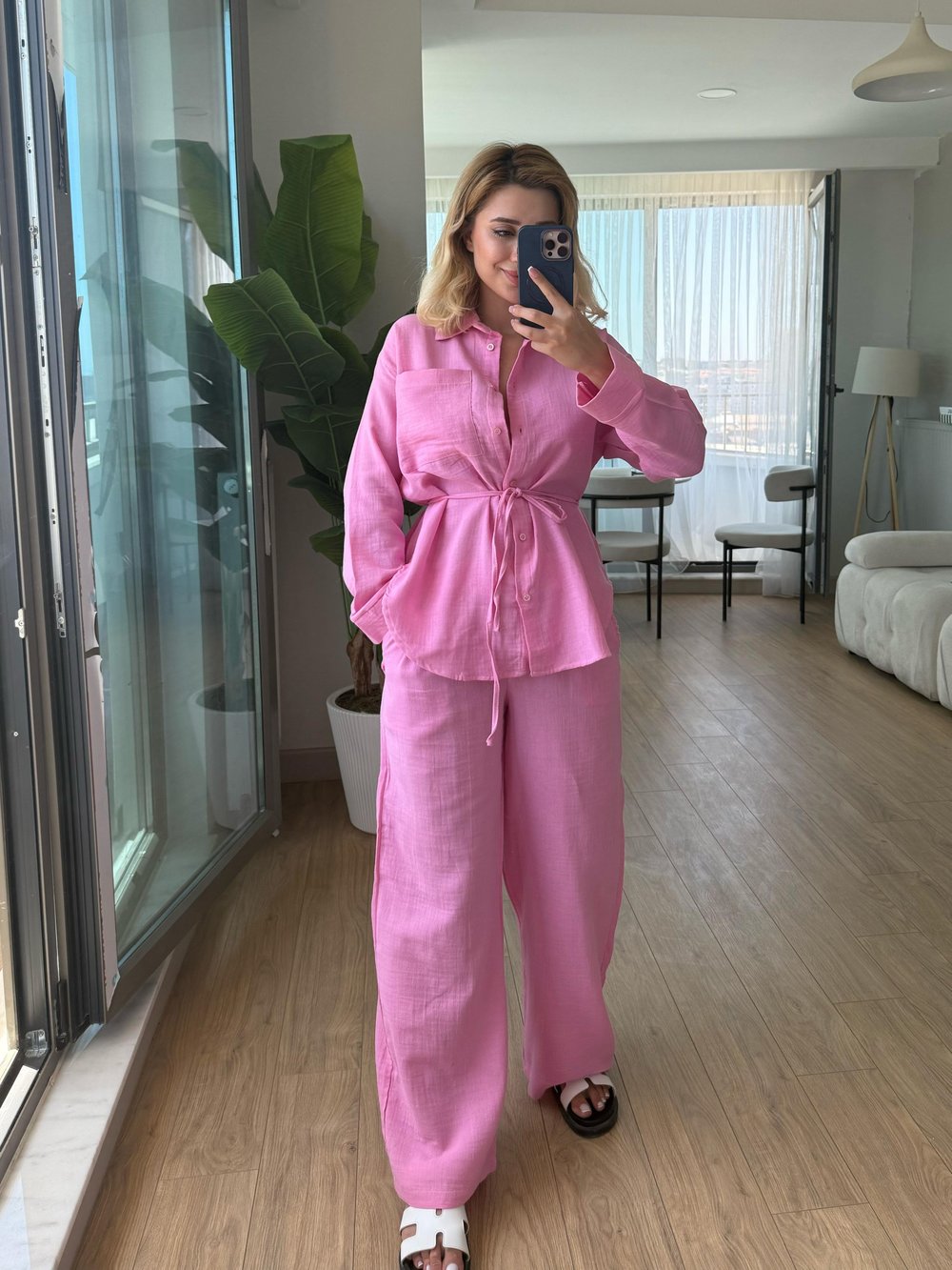 Müslin düğme takım pembe
