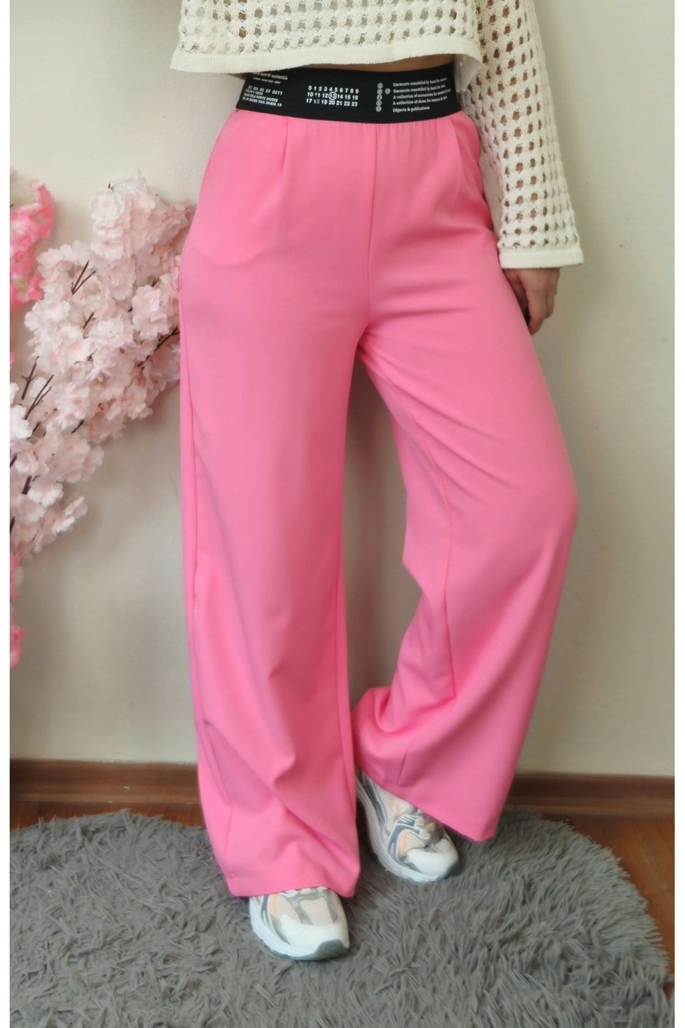 Pembe Beli Lastikli Ve Fermuarlı İthal Kumaş Palazzo Pantolon