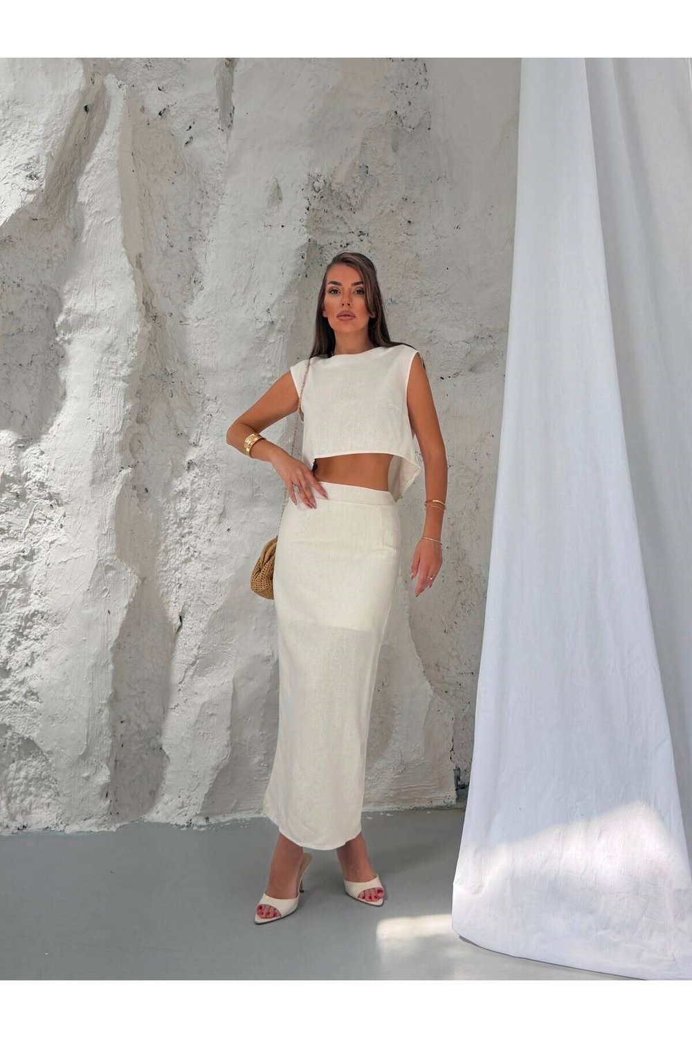Premium Dokuma Kumaş Crop Bluz ve Midi Etek İkili Takım
