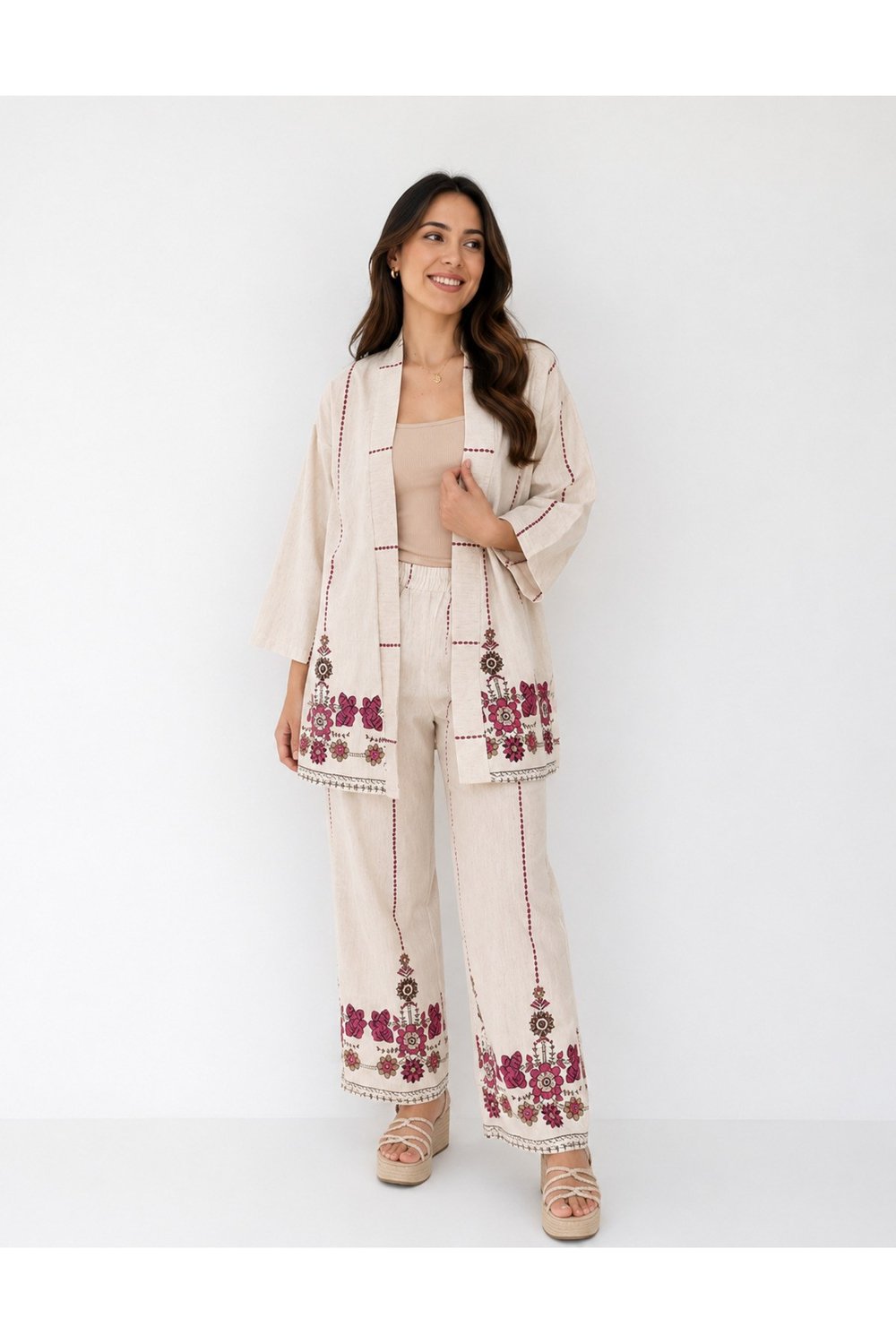 Premium Etnik Nakış İşlemeli Kimono Ceket Pantolon İkili Takım