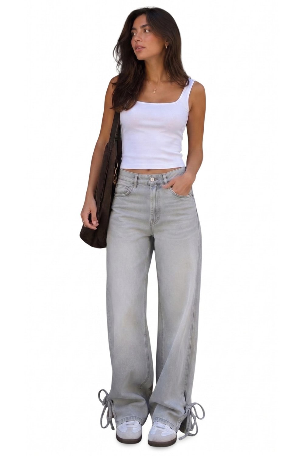 Premium Orijinal Marka Kadın Bağlama Detaylı Yüksek Bel Wide Leg Denim Pantolon Jeans