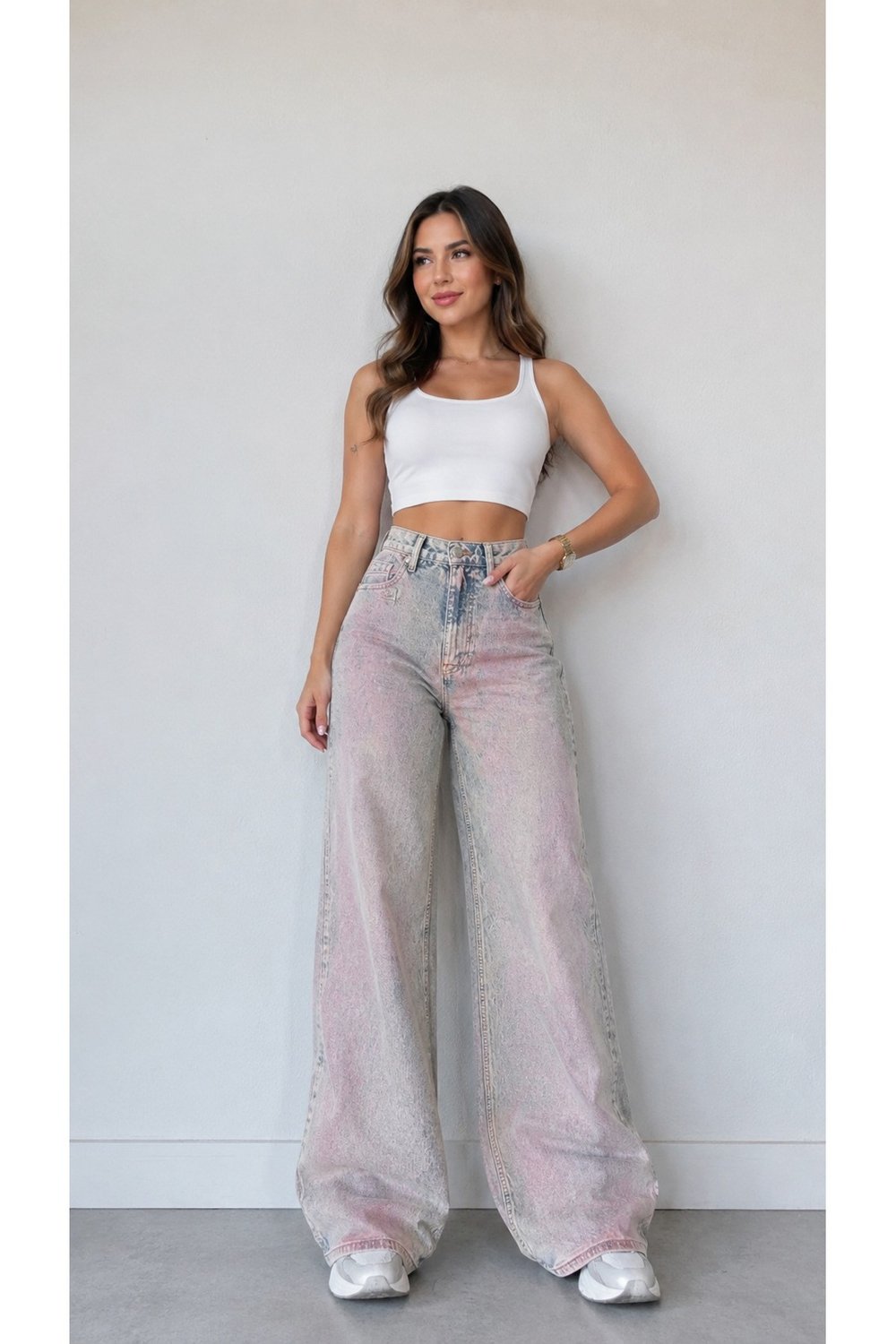 Premium Orijinal Markalı Varaklı Yüksek Bel Wide Leg Yıkamalı Denim Jeans Pantolon