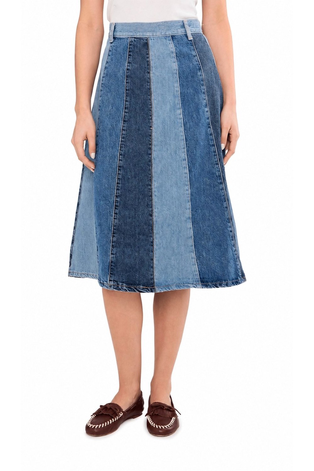 Premium Orijinal Markalı Yüksek Bel Parçalı Denim Midi Kot Etek